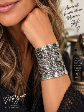 Egyptian Revival Silver Cuff Bracelet Hieroglyphic Pharaoh Wide Statement